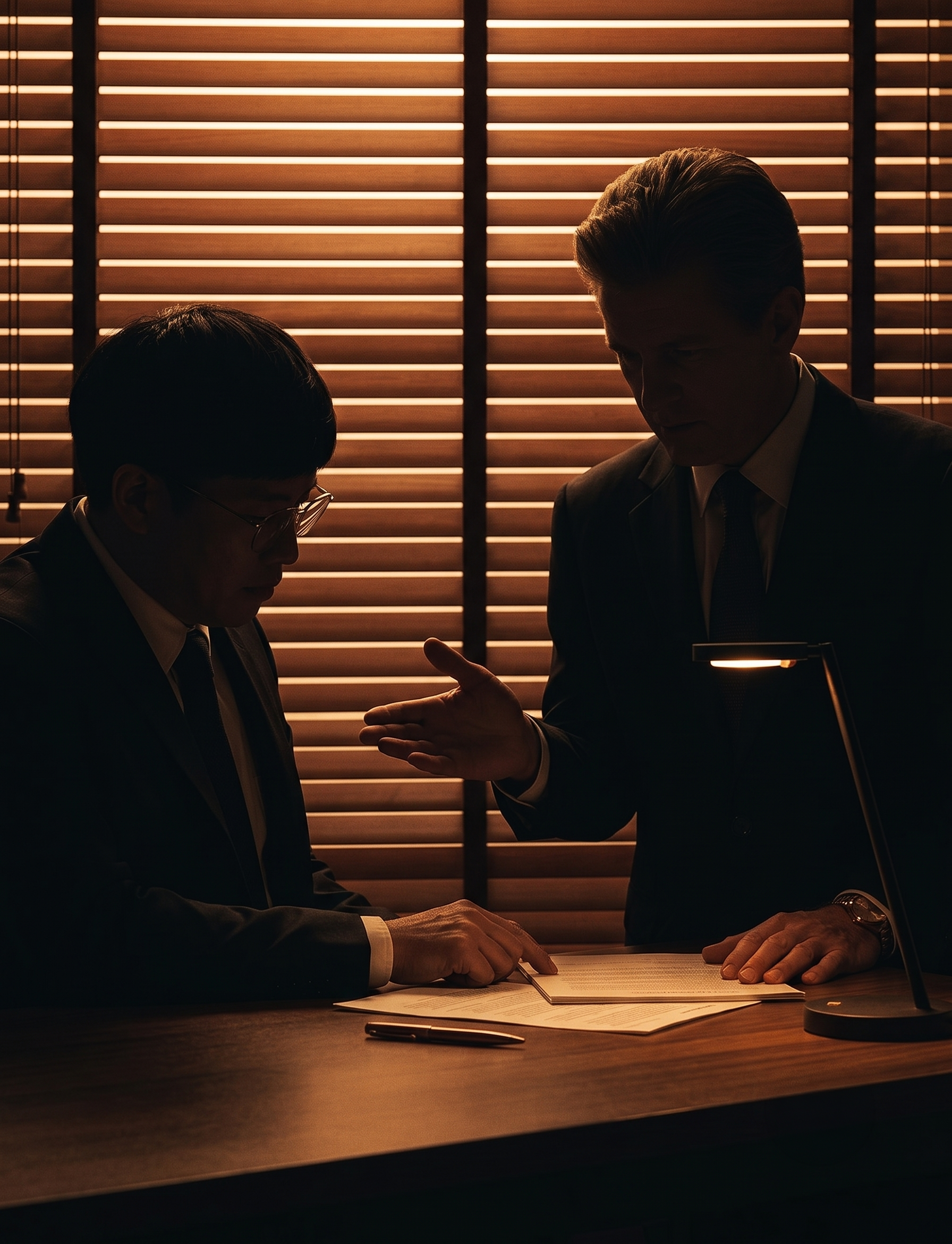 Two suited figures review documents in a warmly lit institutional office.